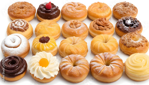 Assortment of sweet tasty pastries isolated on white