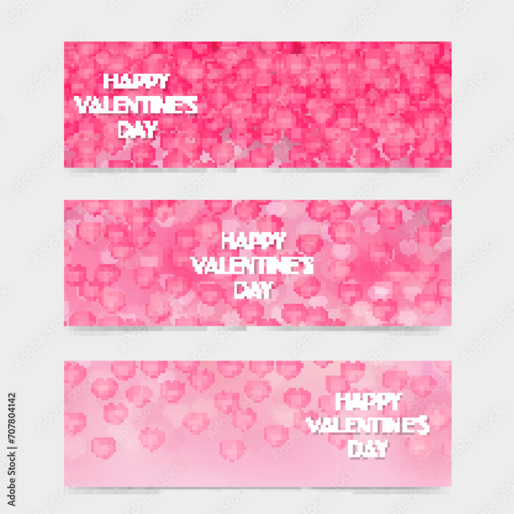 Falling hearts pink background. Set of 3 banners for Valentines Day. Vector template for website, social media, etc.