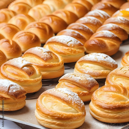 Close up freshly baked pastry goods on display in bakery shop. Selective focus