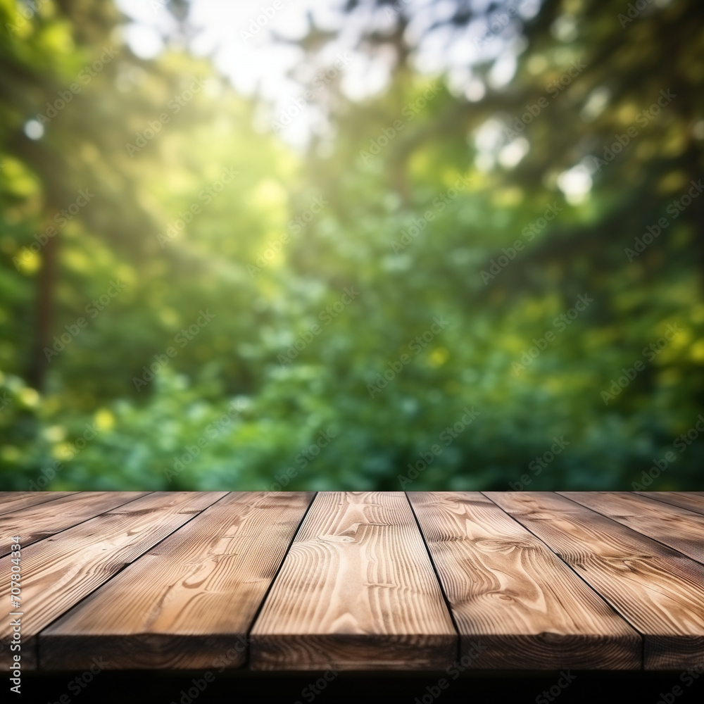 Fototapeta premium An empty rustic wooden table with a blurry boreal forest background is the perfect backdrop for mocking up a product display. The picnic table top can be customized for editing purposes.