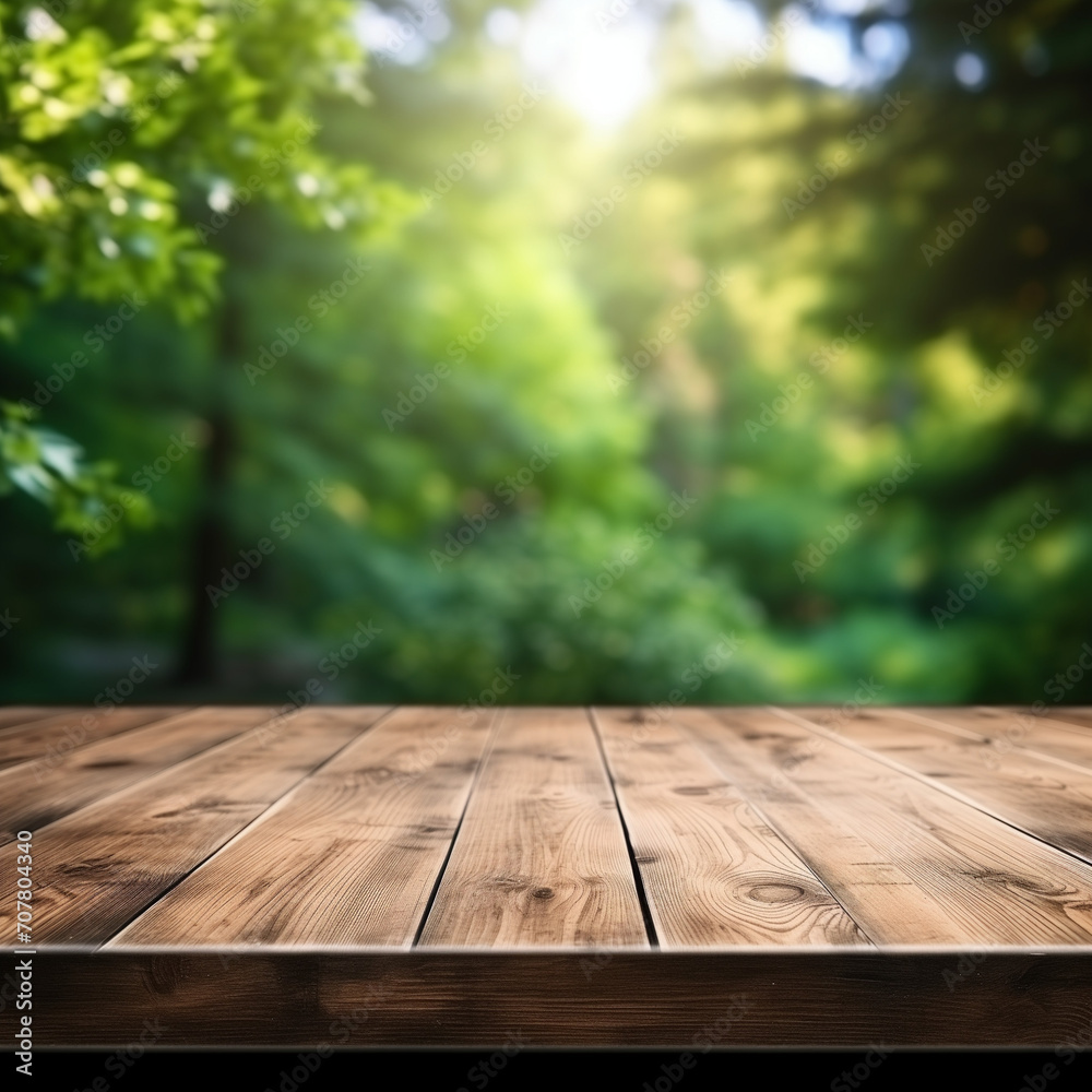 An empty rustic wooden table with a blurry boreal forest background is the perfect backdrop for mocking up a product display. The picnic table top can be customized for editing purposes. 