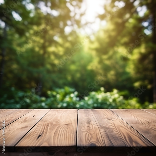 An empty rustic wooden table with a blurry boreal forest background is the perfect backdrop for mocking up a product display. The picnic table top can be customized for editing purposes. 