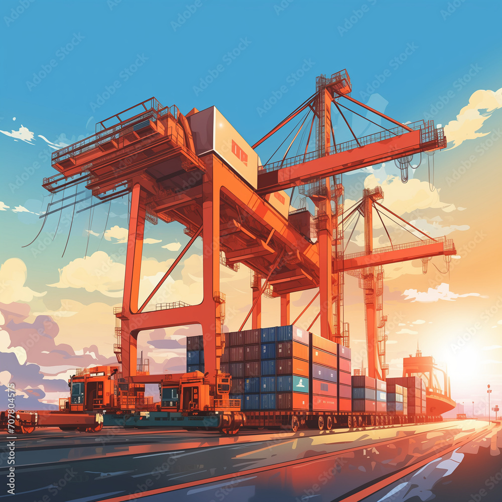 Crane loading cargo containers into import container ships in an international terminal, Logistic seaport concept of freight shipping by ship, Truck running under the Big Crane transport trade. Crane loading cargo containers into import container ships in an international terminal, Logistic seaport concept of freight shipping by ship, Truck running under the Big Crane transport trade.