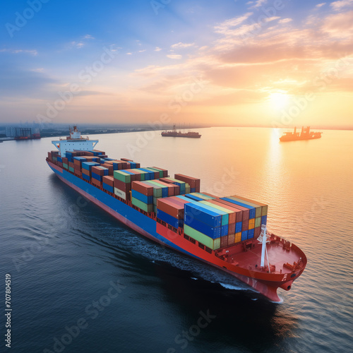 A large cargo ship and a container ship docked at the bustling port, symbolizing the maritime industry's role in global trade and transportation
