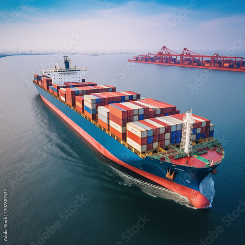 A large cargo ship and a container ship docked at the bustling port, symbolizing the maritime industry's role in global trade and transportation
