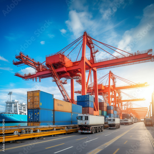 Crane loading cargo containers into import container ships in an international terminal, Logistic seaport concept of freight shipping by ship, Truck running under the Big Crane transport trade.