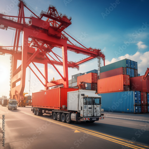Crane loading cargo containers into import container ships in an international terminal, Logistic seaport concept of freight shipping by ship, Truck running under the Big Crane transport trade.