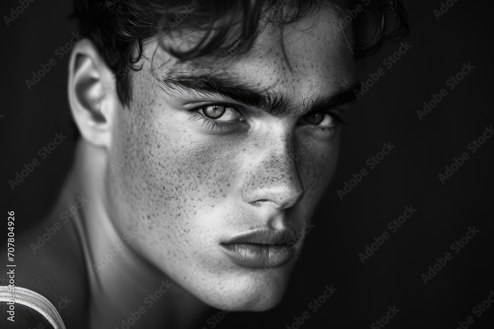 Artistic black and white studio portrait of a young American male model with an intense gaze. Artistic black and white studio portrait of a young American male model with an intense gaze.