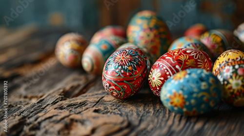 Handpainted Easter eggs with intricate patterns on a wooden table