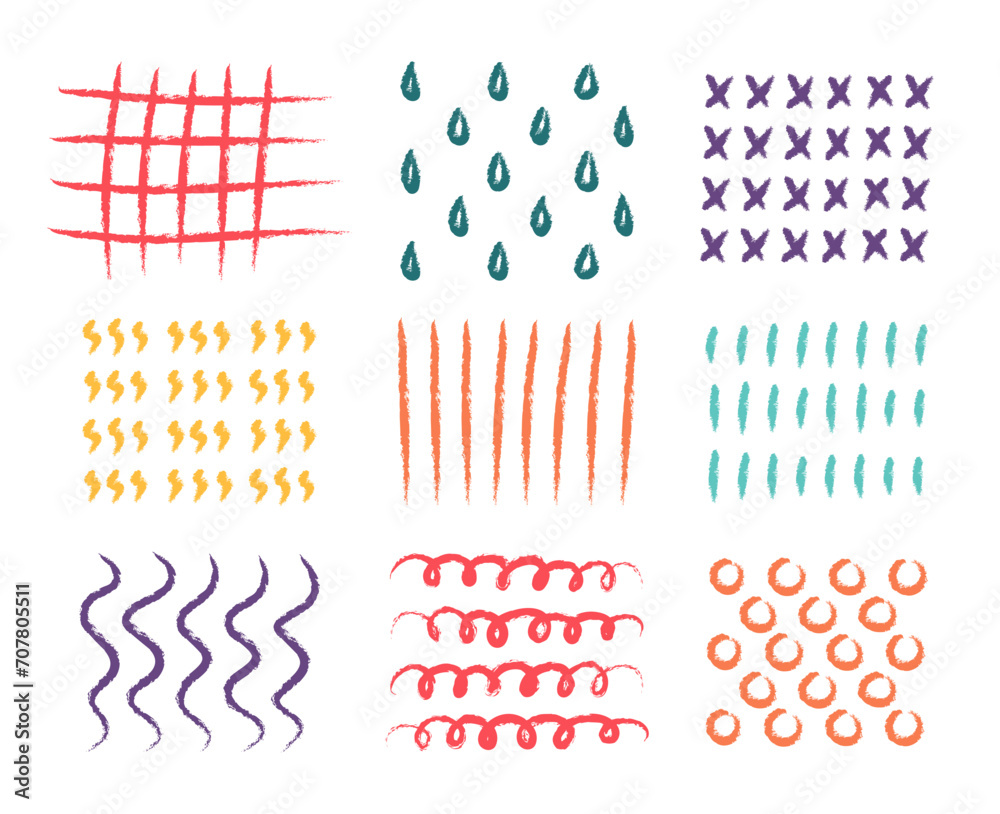 Doodle elements. Color pencil drawing. Arrows and crosses. Parallel lines. Simple hatching. Scribble repeat drops. Rough sketch. Childish textures. Curve chalk strokes. Abstract patterns vector set - obrazy, fototapety, plakaty 