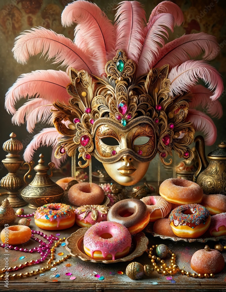 Detailed View of an Exquisite Carnival Mask and Beads and Donuts