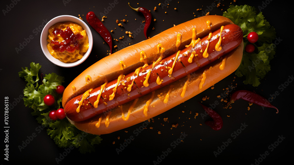 Hotdog Promotional commercial food photo isolated on black background. Isolated Hotdog Advertisement on Black Background - obrazy, fototapety, plakaty 