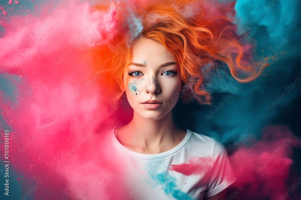 Women with a sparkler and colorful sprinkles over a color background. Bright and funny girl playing with colors of Holi, festival of color. on the colorful background. A colorful smoke bomb