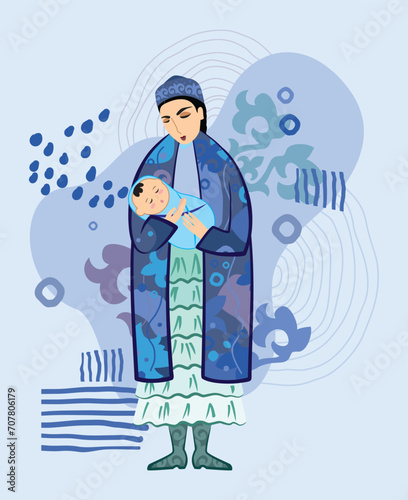 Vector illustration. A beautiful young woman in a Kazakh national costume with a newborn on a background of ornaments and traditional Kazakh symbols. A postcard for Mother's Day. photo