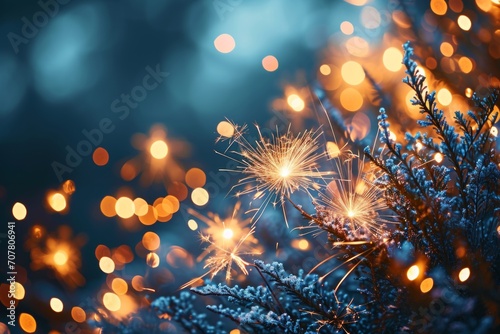 Enchanting Winter Evening Illuminated by Sparkling Fireworks Amidst Pine Branches