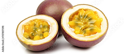 Passion fruit with cut in half isolated white background copy space