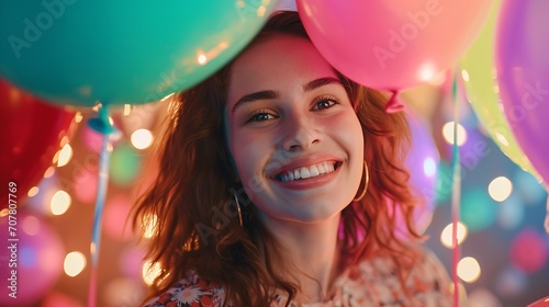 Smiling woman enjoys birthday party holding balloon. Ai generative