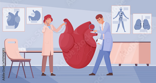 Hand drawn flat organ composition background with cardiologists analyzing a heart