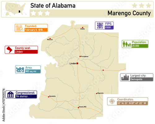 Detailed infographic and map of Marengo County in Alabama USA. photo