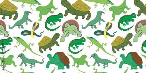 seamless pattern with reptiles and turtles. in vector. wild animal in flat style. Template for design, print, background, packaging, book, wrapping paper, fabric.