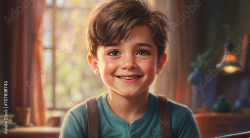 A cute boy with brown eyes is looking ahead and smiling broadly. portrait of a boy. Generative Ai