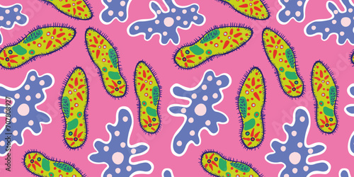 seamless pattern with infusoria slipper and ameba in vector. Template for design, print, background, packaging, book, wrapping paper, fabric.world series.
