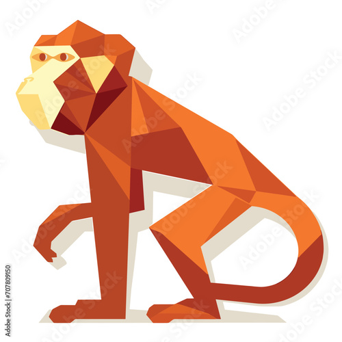 A geometric low poly baboon is in a sitting pose in this colorful vector illustration.