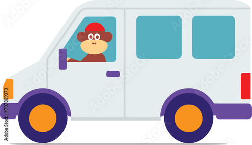 A monkey is driving a white van in this colorful vector illustration.