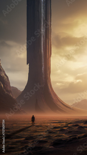 A man standing before a giant monolith on an alien planet