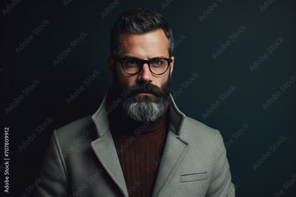 Portrait of a bearded man in a coat and glasses. Men's beauty, fashion. Portrait of a bearded man in a coat and glasses. Men's beauty, fashion.