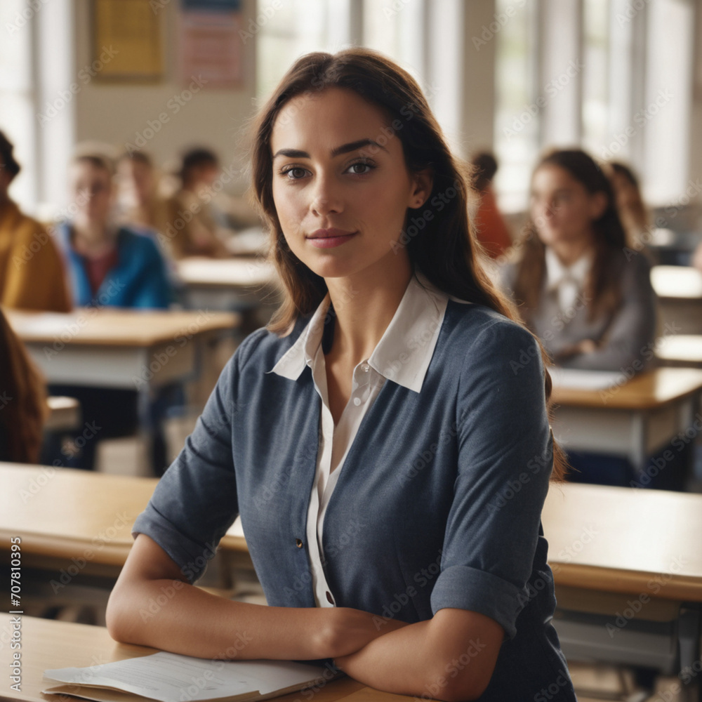 a beautiful young female american school teacher standing in the classroom. students sitting and walking in the break. blurry background behind.