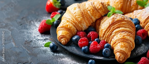 A photo of French viennoiserie breakfast with freshly baked croissants and berries. photo