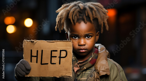 A poor African child is holding a cardboard with ՛՛HELP ՛՛written on it. photo