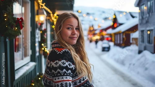 Cute Norwegian girl with blonde hair and wearing a Christmas sweater. Created with Generative Ai technology.