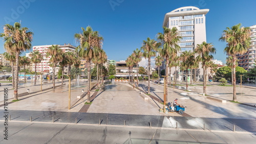 Panorama showing aerial view of the fountains and palms on the main square Sheshi Liria in Durres timelapse, Albania photo