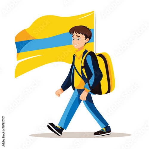 Boy walking with a smile, carrying a backpack, and holding a large flag. Shows patriotism, youth, and happiness. Student pride and national spirit vector illustration. photo