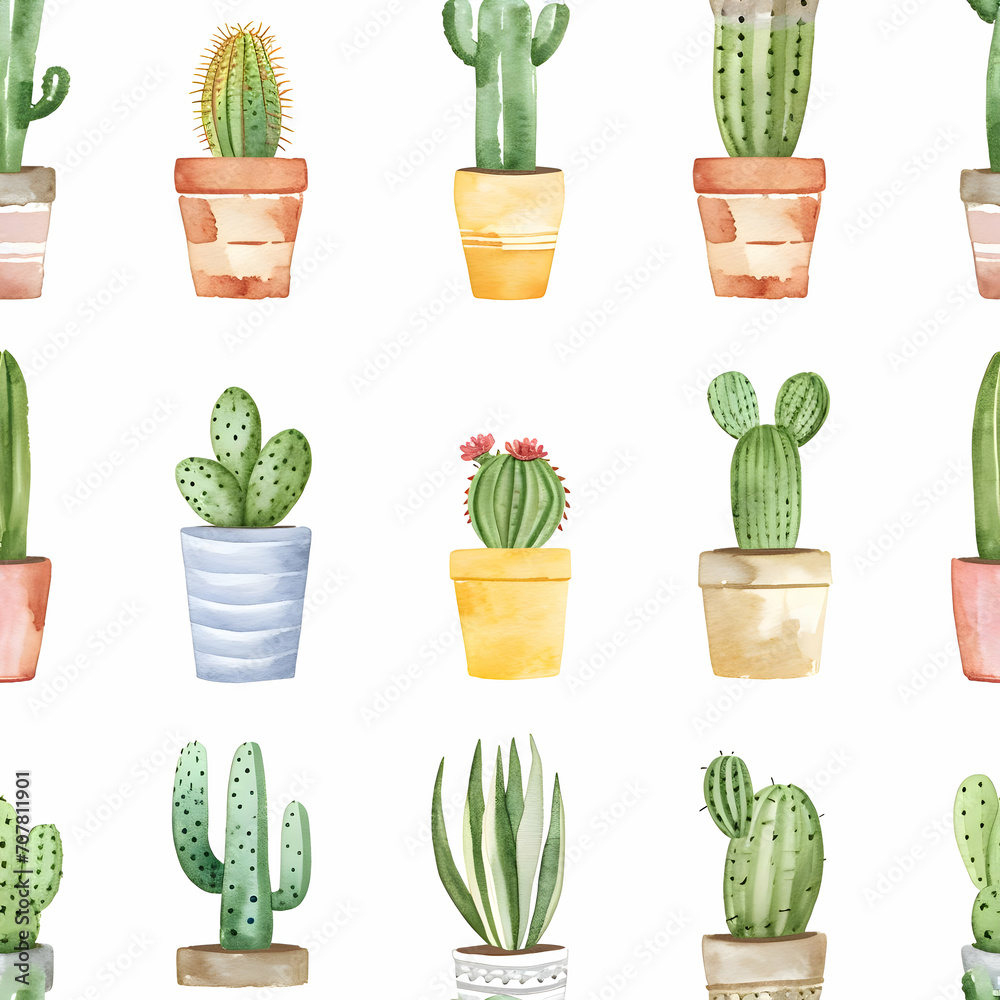 Cute watercolor seamless pattern of rows of small cacti in pots with tiny flowers isolated on a white background. High quality Cute watercolor seamless pattern of rows of small cacti in pots with tiny flowers isolated on a white background. High quality