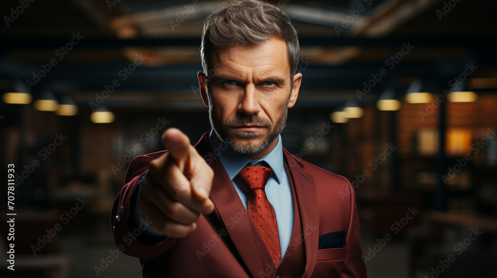Man in suit pointing his finger at you and the camera - obrazy, fototapety, plakaty 