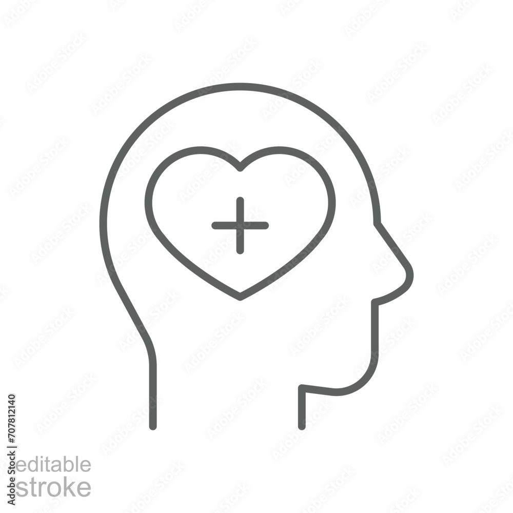 Mental health icon. Simple outline style. Positive mind wellbeing, brain, emotion, mental health development and care concept. Thin line symbol. Vector illustration isolated. Editable stroke. Mental health icon. Simple outline style. Positive mind wellbeing, brain, emotion, mental health development and care concept. Thin line symbol. Vector illustration isolated. Editable stroke.