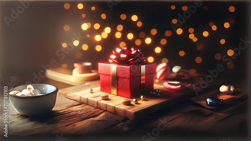 a red gift box sitting on top of a wooden table, a 3D render Menges, pixabay contest winner, photorealism, bokeh, stockphoto, rendered in cinema4d photo