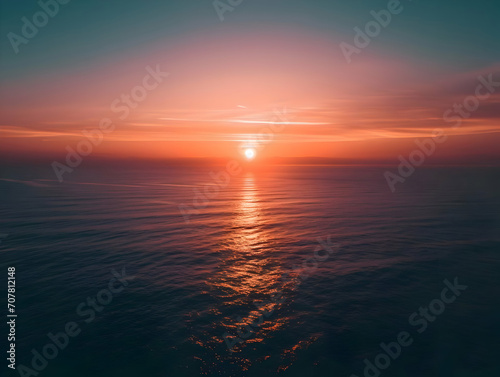 Sunrise over the horizon of the sea aerial view cinematic photo. High quality