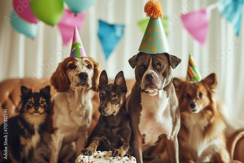 Adorable team of birthday pets of different breeds