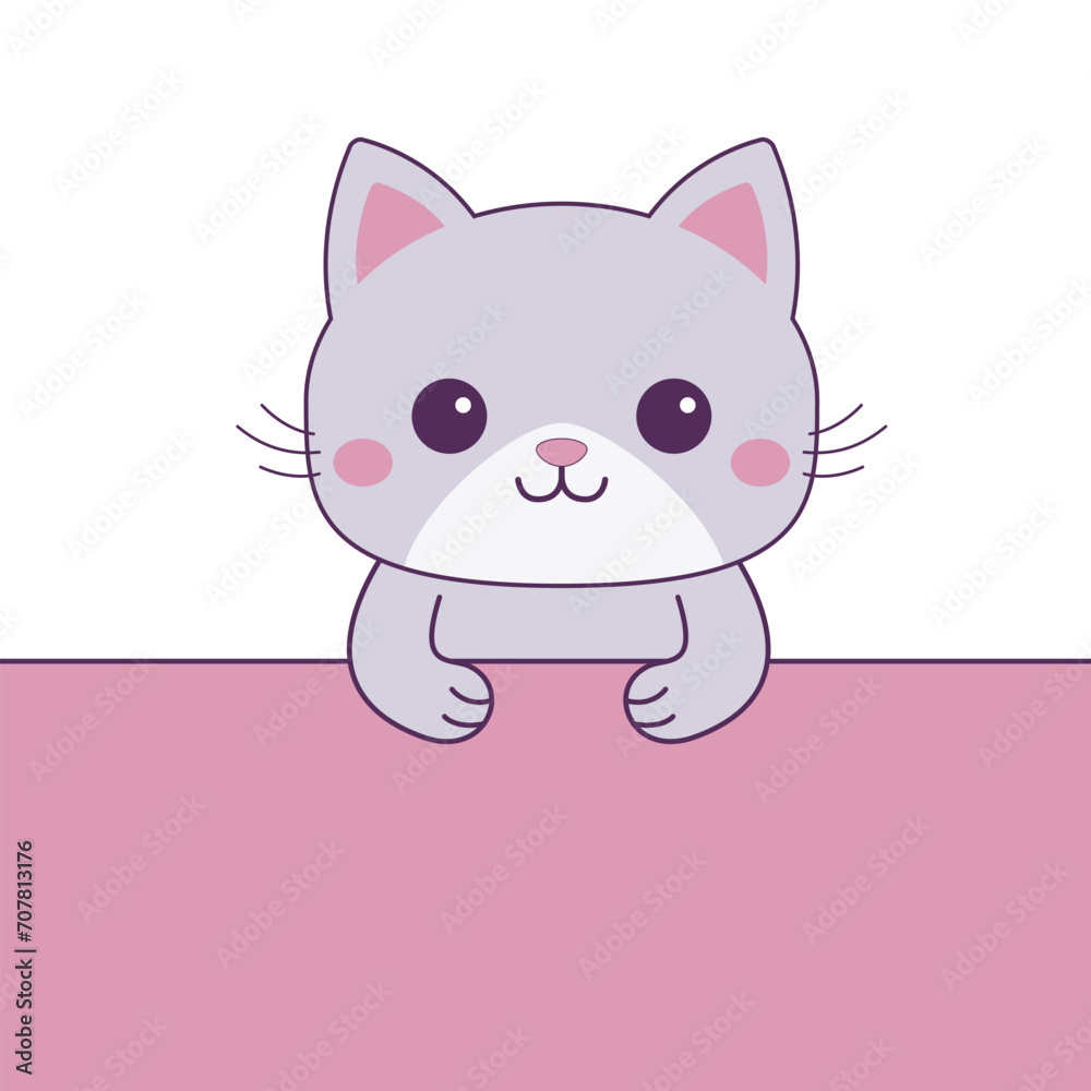 Cat hanging on paper. Funny Kawaii pet animal. Little kitten with holding hands. Paw print on the table. Cute cartoon baby character. Line contour doodle silhouette. Flat design. Pink background.