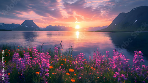 Wallpaper moody sunset ocean sun and mountains. Purple flower on the close view. High-resolution photo