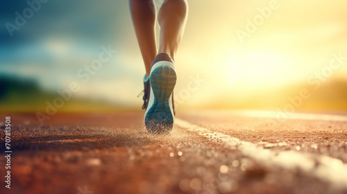 Fitness, sport, training, people and lifestyle concept - close up of feet running on sprint track from back. Banner photo