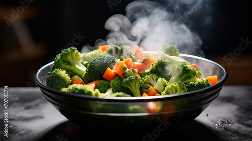 Steam cooked healthy vegetables in bowl plate in kitchen.Macro