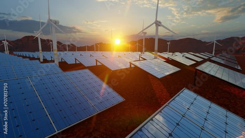 Aerial view of solar panel farm and wind turbine ecology concept