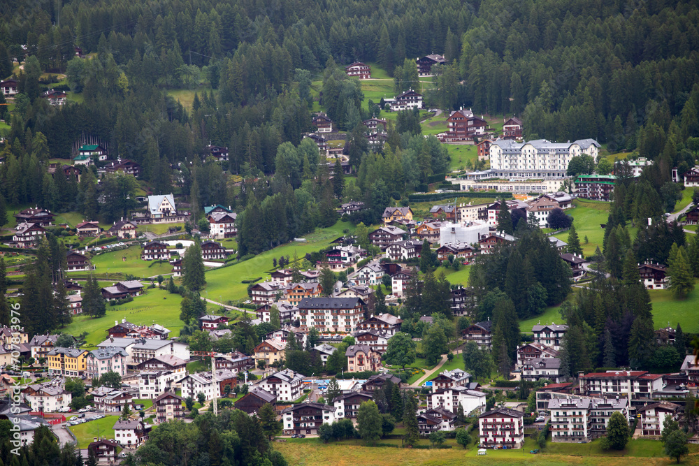 Town of Cortina d' Ampezzo in green landscape of Dolomites Alps, Veneto region of Italy