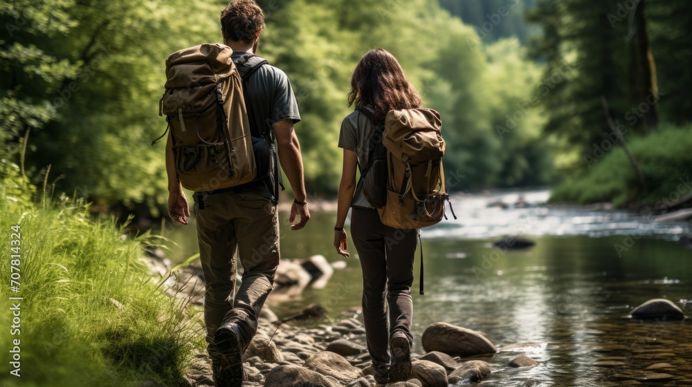 young couple walking with backpacks in the forest, hiking and travel