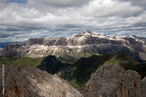 The Sella Group and Piz Serauta on the Marmolada in the Dolomites, Italy.